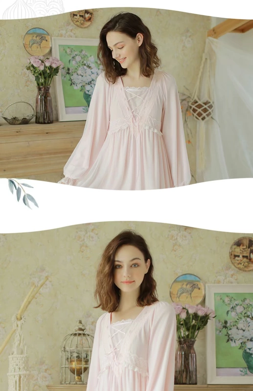Dust Xi pyjama phụ nữ mùa xuân và mùa thu váy dài tay công chúa váy ngủ retro cung điện gió ngọt ngào ren nhà dịch vụ cộng với phần dài