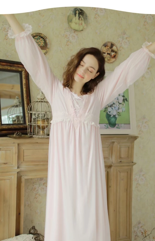 Dust Xi pyjama phụ nữ mùa xuân và mùa thu váy dài tay công chúa váy ngủ retro cung điện gió ngọt ngào ren nhà dịch vụ cộng với phần dài shop váy đẹp