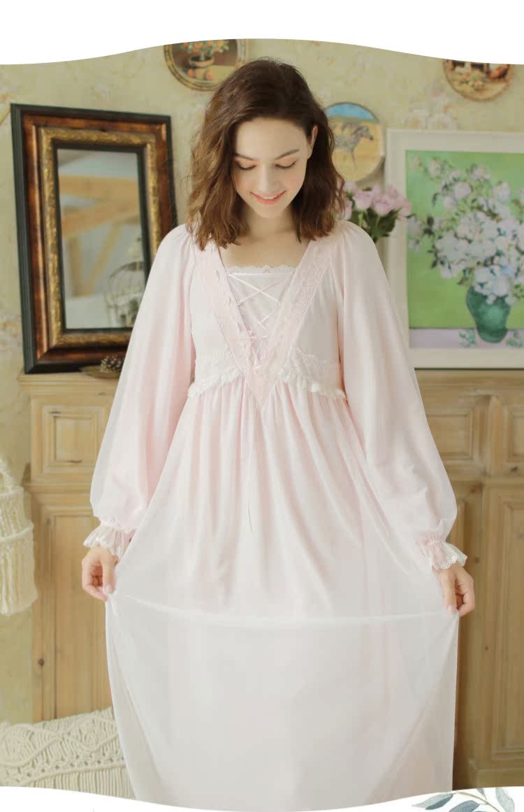 Dust Xi pyjama phụ nữ mùa xuân và mùa thu váy dài tay công chúa váy ngủ retro cung điện gió ngọt ngào ren nhà dịch vụ cộng với phần dài váy ngủ 2 dây