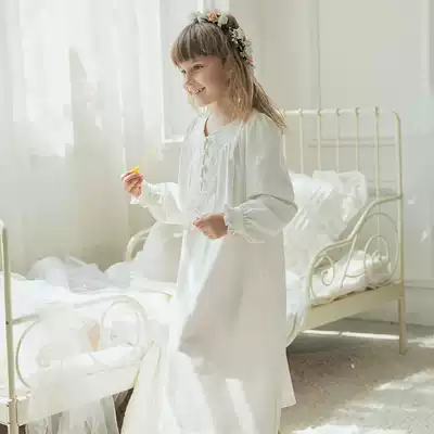 Spring and summer cotton court style girls solid color pajamas cute sweet parent-child long sleeve children's nightgown home clothes