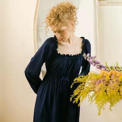 Chenxi original Palace wind nightgown women Spring and Autumn pure color knitted cotton medium and long version of student Lady simple home clothes