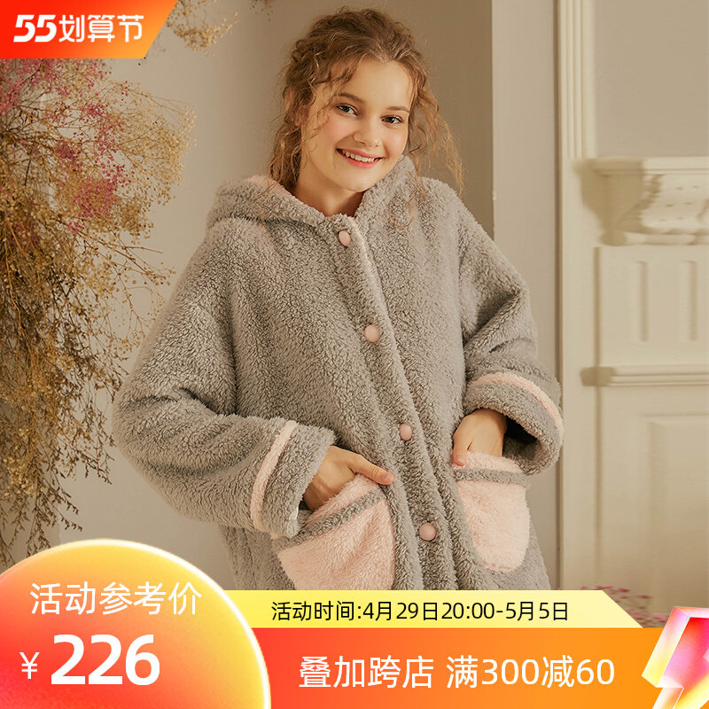 Dust-Hee Original Winter Long Version Pyjamas Palate Pajamas Sleeping Robes Loose Long Fur Coral Suede Cap Thickened Fever Sweater Pants