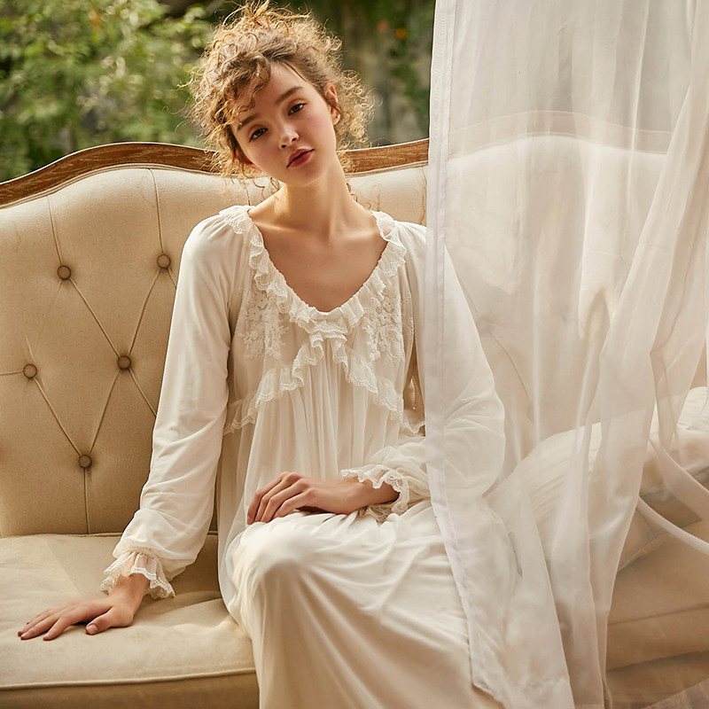 Sweet court wind sleeping skirt spring and autumn retro lace long dress home dress princess sexy sleeve dress