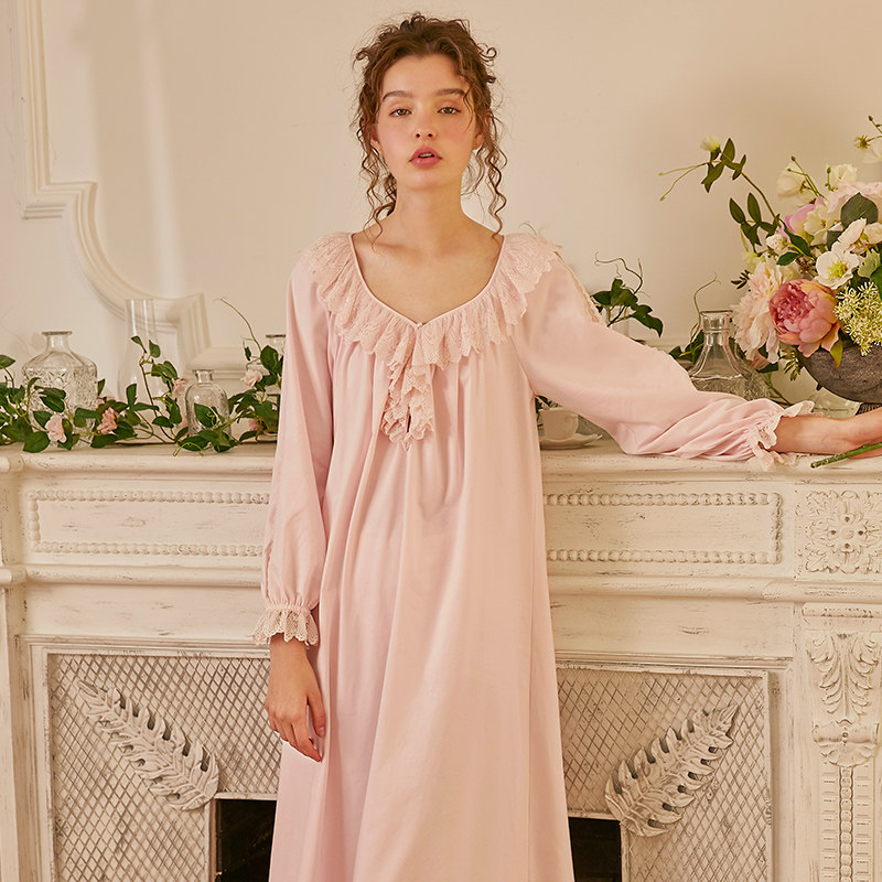 Dust Xi Spring Summer Sleeping Dress Original Princess Sweetness Sexy V Collar Long Sleeve Comeback Ancient Lace Long Version Knitted House Conqueror Woman