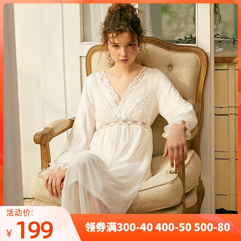 Dust-Hee Original Retro Sleeping Dress Spring Autumn Long Sleeve Deep V Sexy Hollowed-out Lace Mesh Veil Modale Stay-at-home Pyjamas