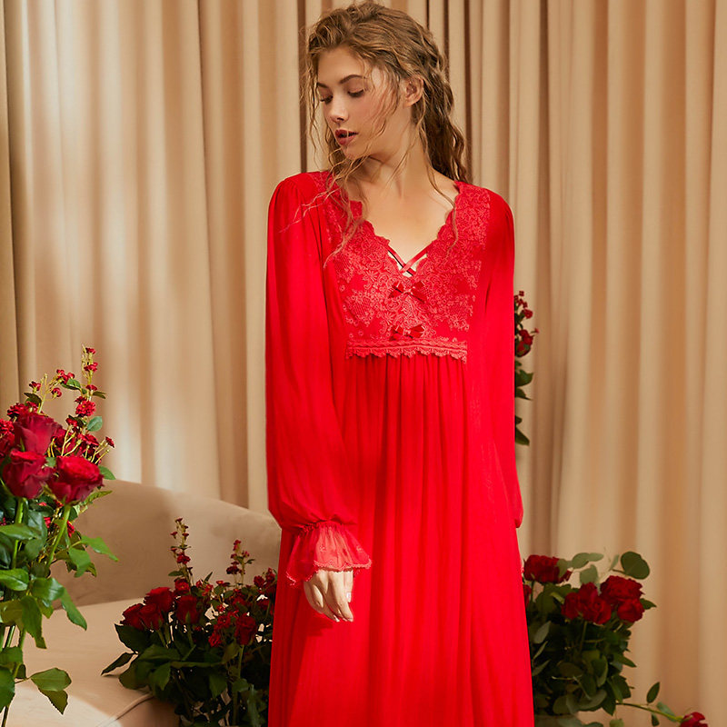 Chenxi original nightdress women's autumn sweet long-sleeved long skirt mesh lace modal big red bridal dress pajamas