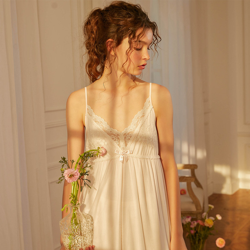 Sling nightdress women's summer thin retro mesh lace mid-length sexy V-neck modal fairy home wear