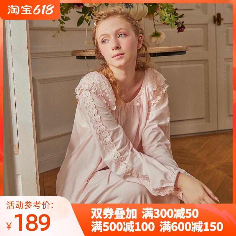 Dust Xi Sleeping Dress Woman Spring Autumn Season Long Sleeves Slim in Long dress with long version of palace princess Wind sweetness and relaxation Casual Pyjamas