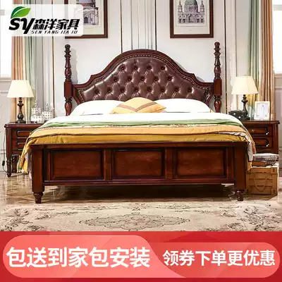 1 8 m American country Roman column bedside Brown soft foreskin air drawer high box old man oak solid wood bed