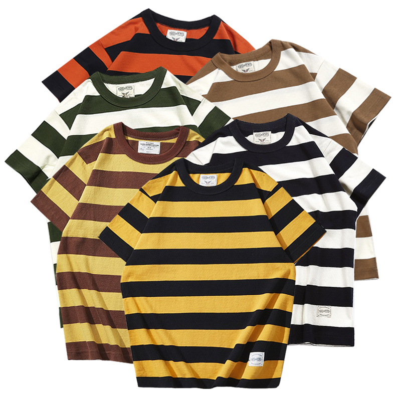 Summer Loose-Fitting American Casual 260g Heavyweight Vintage Pure Cotton Short-Sleeve Amekaji Biker Wide Stripe T-Shirt Summer Loose-Fitting American Casual 260g Heavyweight Vintage Pure Cotton Short-Sleeve Amekaji Biker Wide Stripe T-Shirt