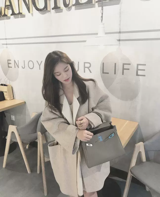 Ladykaye áo khoác len nữ dài phần phiên bản Hàn Quốc của bộ đồ mới cổ áo màu be hai mặt áo cashmere áo khoác lông vũ nữ