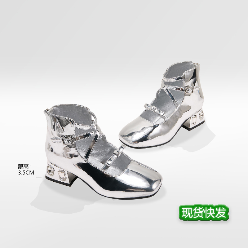 Girls' High-Heeled Shoes for Catwalk Shows, Mary Jane Diamond-Heeled Sandals, Stage Performance Shiny Leather Shoes, Little Girls' Stage Shoes