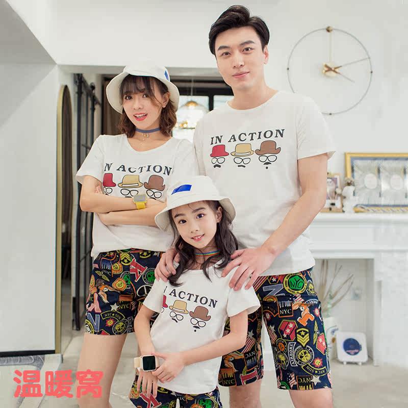Fashion printing casual short-sleeved T-shirt shorts parent-child suit 2020 summer Korean version new family of three family wear