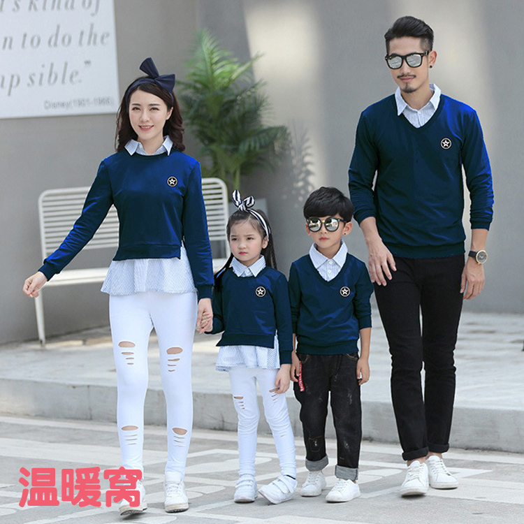 Spring and Autumn A family of three shirt collar stitching slim fake two-piece mother-daughter mother-child father-daughter father-son parent-child parent-child shirt tide