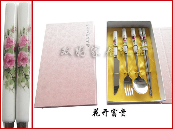 Bone ceramic four - piece set of bone ceramic stainless steel chopstick spoon gift box set tableware ceramic stainless steel soup spoon