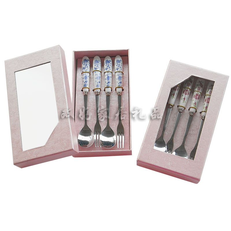 Double good cutlery bone porcelain spoon fork small four pieces of fruit fork coffee spoon ceramic small fork delivery visible