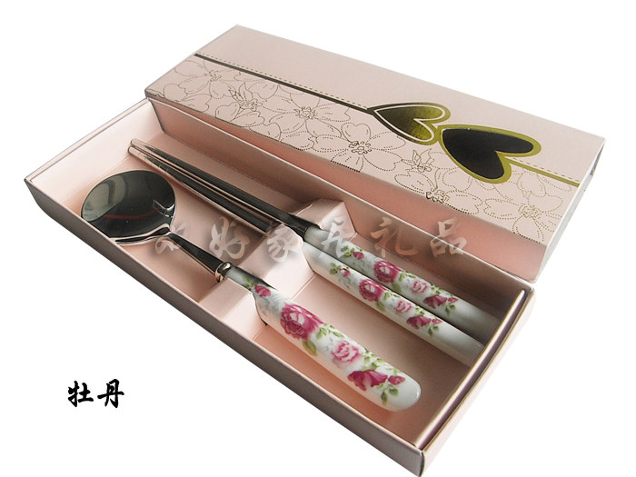 Gift Cutlery Suit Stainless chopsticks spoon Three sets bones Porcelain Tableware Wedding Celebration Gift Creative Han Style