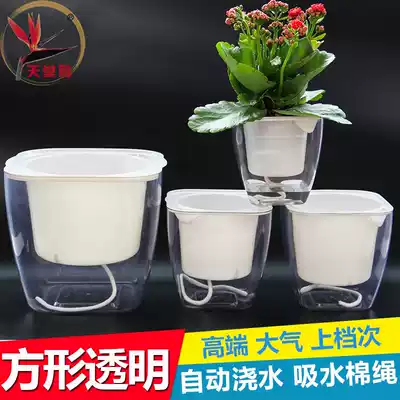 Resin transparent square lazy flowerpot balcony hydroponic plant automatic absorbent flowerpot soil culture Golden Pueraria white palm flowerpot