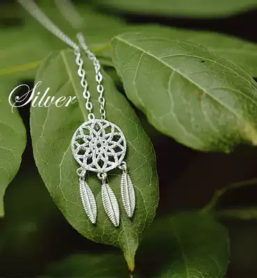 s925 silver feather catcher dream net necklace pendant choker female simple short hand Ring Ring Special Gift