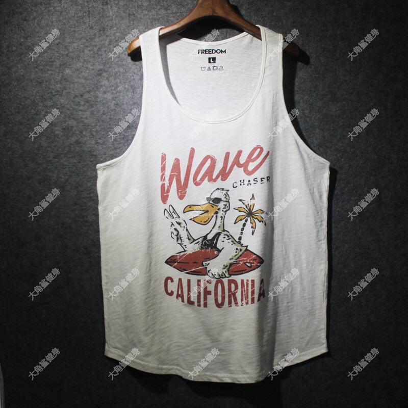 Off-White Bamboo Cotton Vest for Men, Vintage Fitness Vest, Distressed Print, European and American Style, Amekaji, Beach