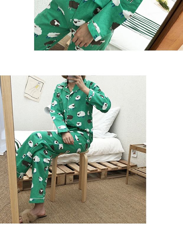 IC12 2018 mùa thu mới Hàn Quốc ngọt ngào in quần áo tại nhà bộ đồ ngủ cotton đặt ou74 SS đồ bộ mặc nhà cao cấp