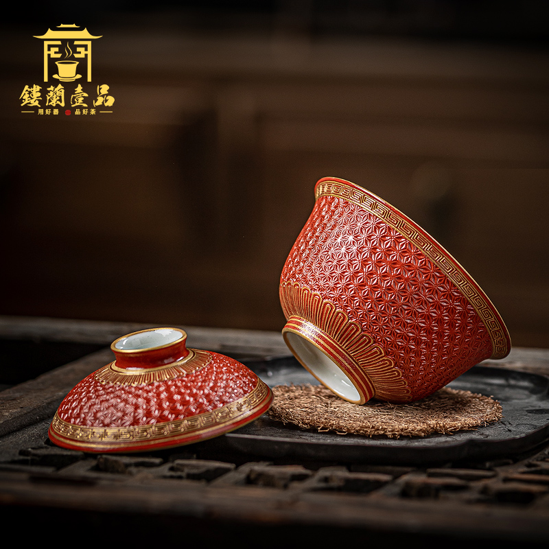 Jingdezhen ceramic old red glaze see hand - cut manual three bowl tea tureen single CPU kung fu suit