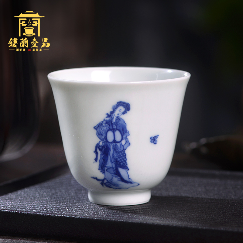 Art home benevolence blue flapping butterfly figure master cup of jingdezhen ceramic hand - made all single CPU kung fu tea set personal tea cup