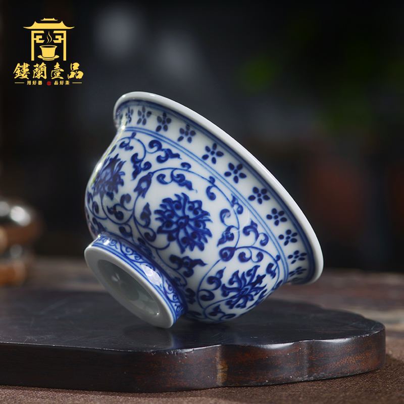 Jingdezhen ceramic all hand - made imitation Ming yongle blue tie up branch pressure hand masters cup kung fu tea set single cup tea cup