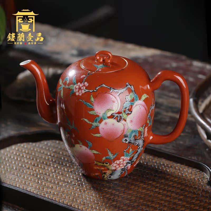 Jingdezhen ceramic all hand alum peach red paint powder enamel nine beauty shoulder pot kung fu tea teapot xi shi pot