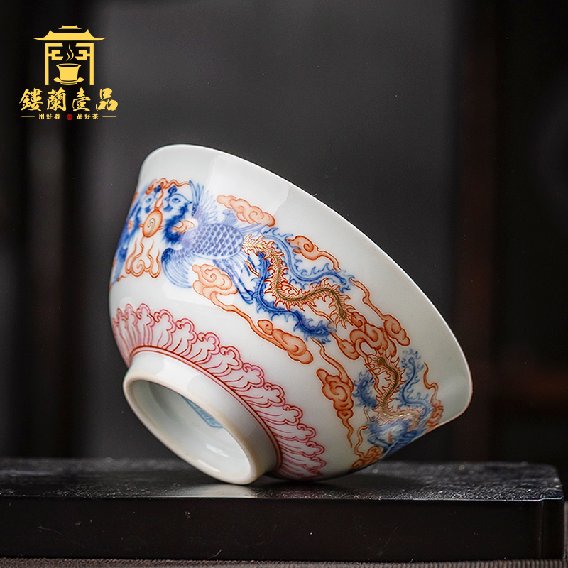 Jingdezhen ceramic all hand tea bowl is blue and white enamel phoenix sample tea cup master cup single CPU kung fu tea cups