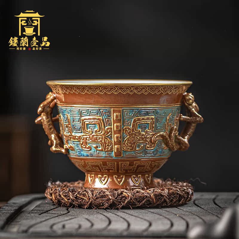 Jingdezhen ceramics by hand bronze glaze carving paint master of kung fu tea cup household single cup large bowl