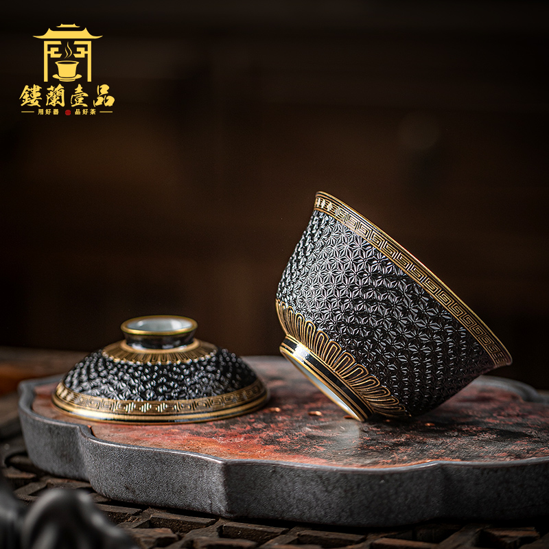 Manual old black glaze see hand - cut tureen single kung fu tea bowl suit household jingdezhen tea cups