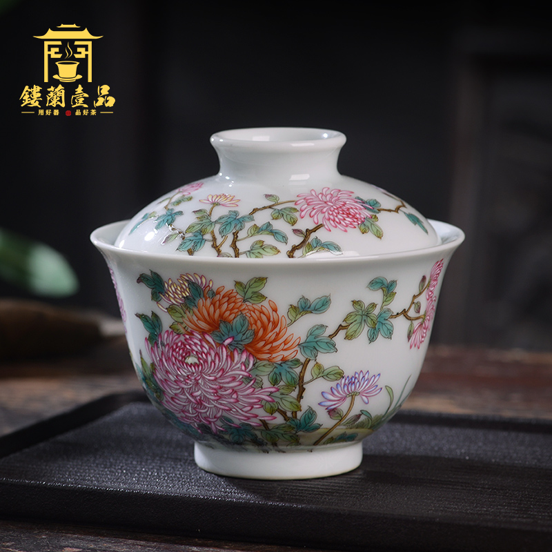 Jingdezhen ceramic all hand - made pastel by only two to three full tureen tea bowl of kung fu tea set with cover in use