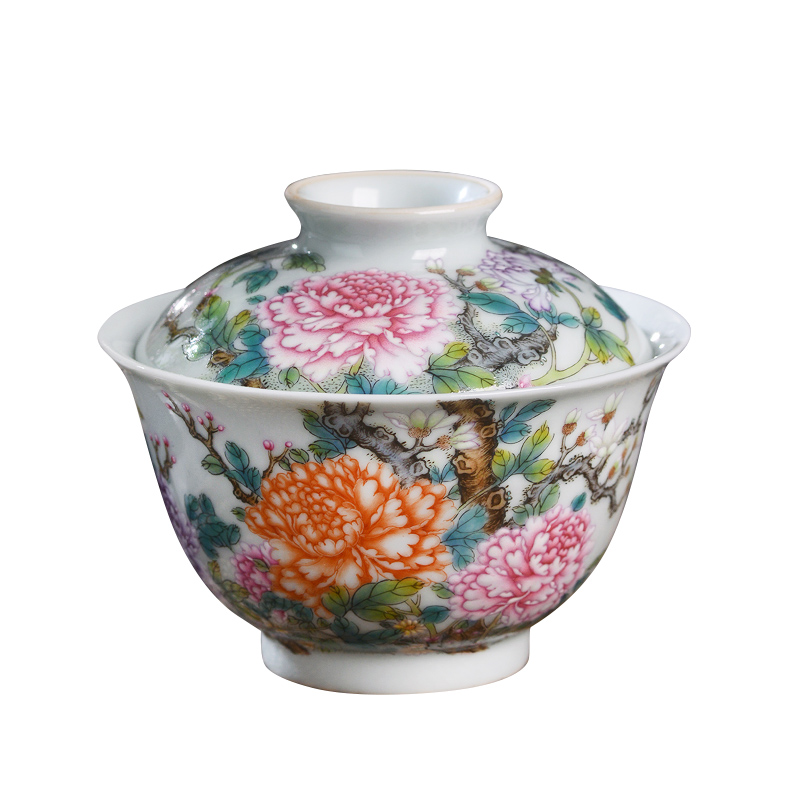 Jingdezhen ceramic all hand - made pastel peony only two to three tureen tea bowl of kung fu tea set with cover in use