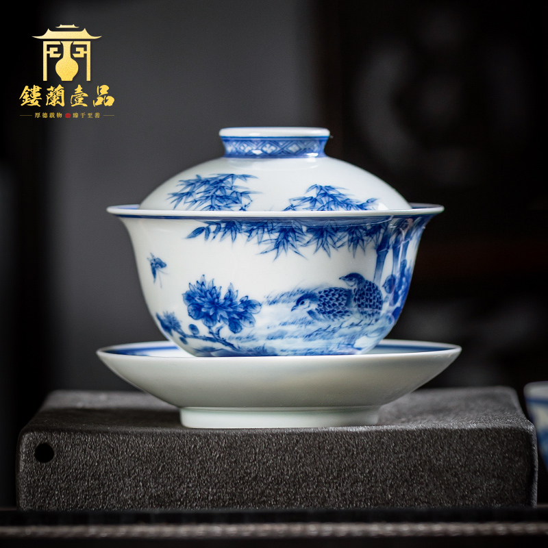 Jingdezhen blue and white maintain ceramic painting of flowers and three only a single large household kung fu tea tea bowl cups tureen