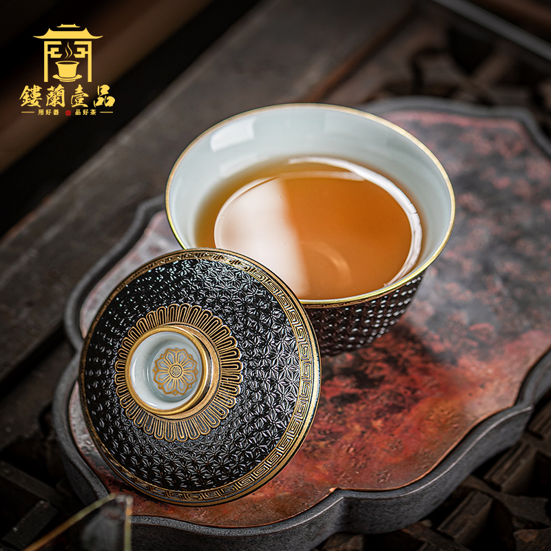 Manual old black glaze see hand - cut tureen single kung fu tea bowl suit household jingdezhen tea cups