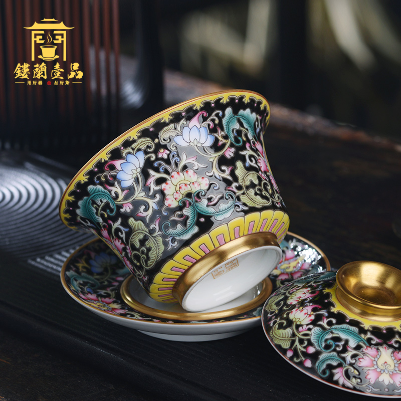 Jingdezhen ceramic all hand colored enamel, black tie up branch lotus three to make tea tureen kung fu tea set large bowl
