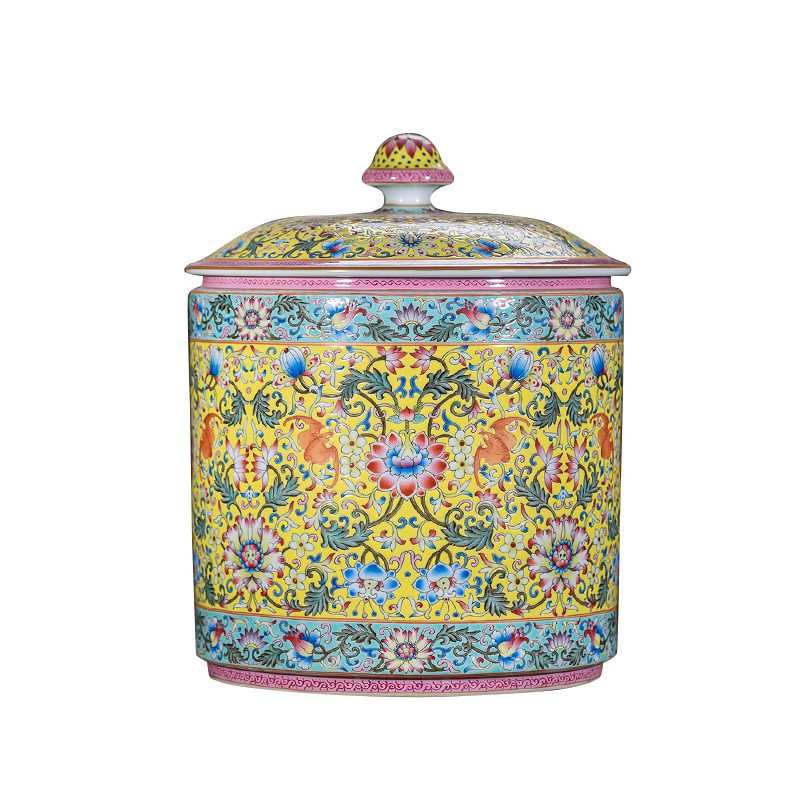 Jingdezhen ceramic all hand - made to pastel yellow tie up branch lotus caddy fixings large - sized kunfu tea tea tea storage storehouse fitting