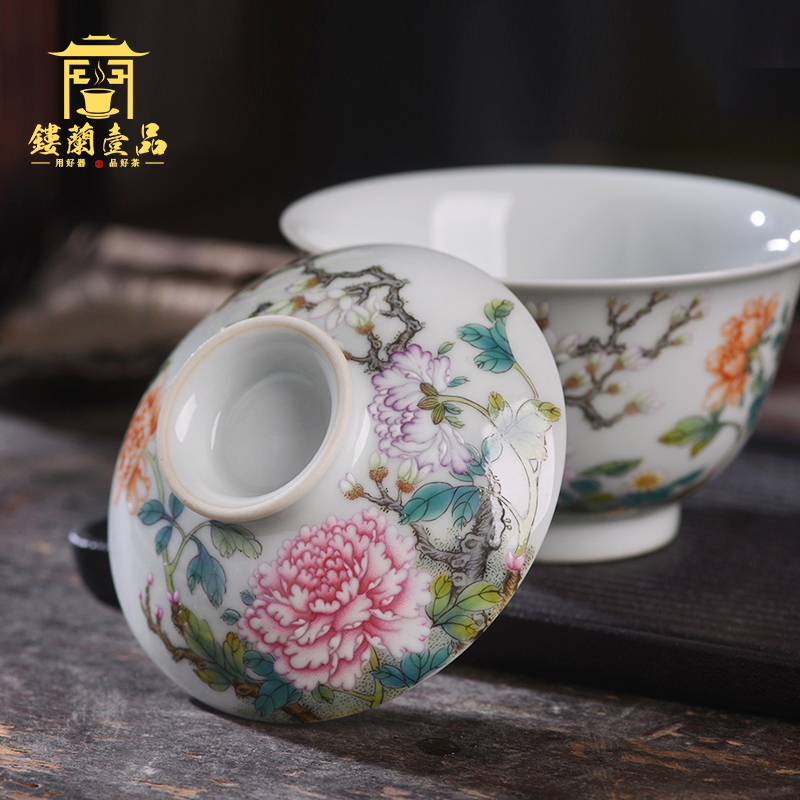 Jingdezhen ceramic all hand - made pastel peony only two to three tureen tea bowl of kung fu tea set with cover in use