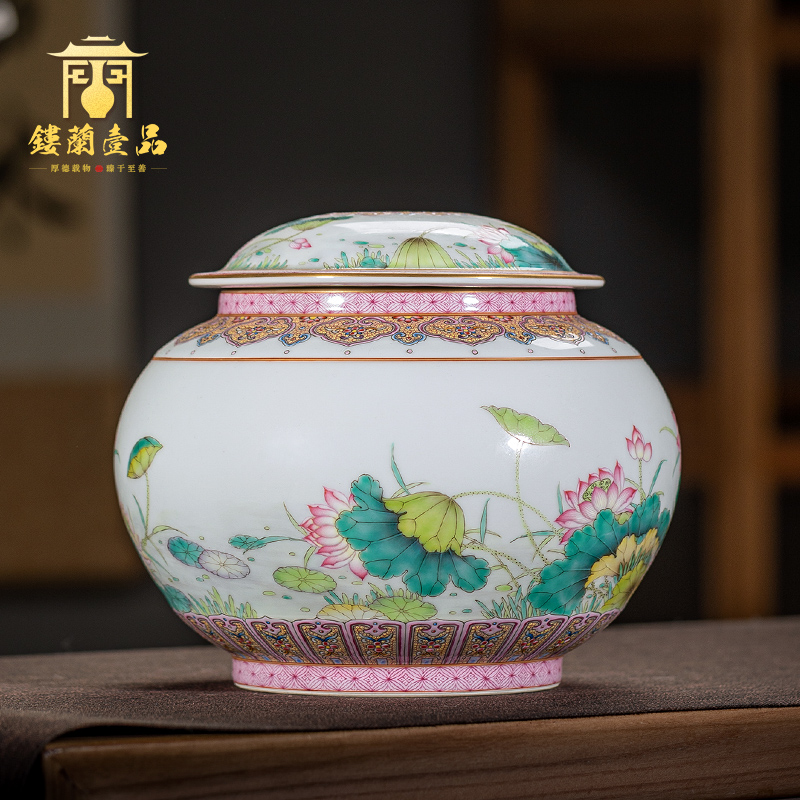 Jingdezhen ceramic all hand - made caddy fixings large heavy lotus store tea pot of Chinese style household handicraft furnishing articles