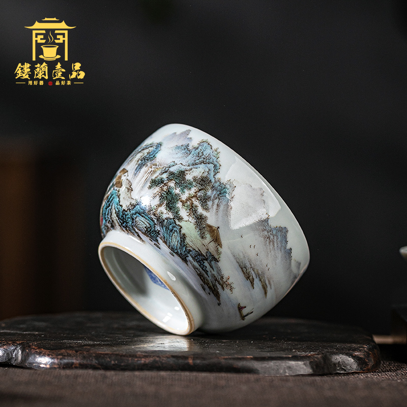 Jingdezhen ceramic checking in pastel blue and white landscape master cup hand - made kung fu tea set single cup tea cups