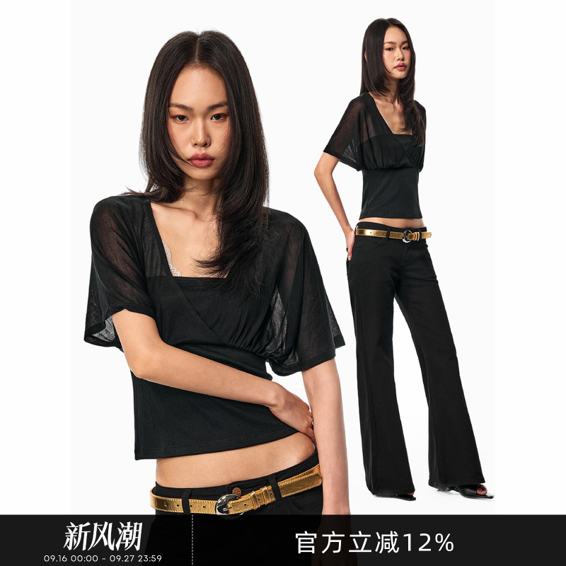 Gogo Burn American-Style Black Lyocell Thin Mesh Short-Sleeve T-Shirt for Women, Summer Waist-Cinching Slimming Short Top Gogo Burn American-Style Black Lyocell Thin Mesh Short-Sleeve T-Shirt for Women, Summer Waist-Cinching Slimming Short Top