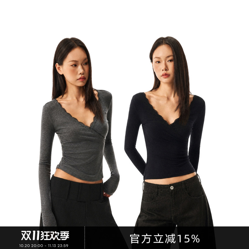 Gogo Burn Lyocell Silk Solid Color V-Neck Waist-Cinching Long-Sleeve T-Shirt for Women, New Autumn Lace Slim-Fit Top Gogo Burn Lyocell Silk Solid Color V-Neck Waist-Cinching Long-Sleeve T-Shirt for Women, New Autumn Lace Slim-Fit Top