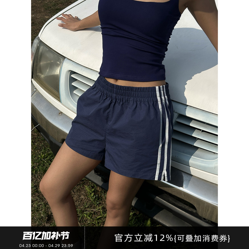Gogo Burn Blue Three-Stripe Elastic Waist Casual Sports Shorts for Women 2025 Summer A-Line Straight Wide-Leg Pants