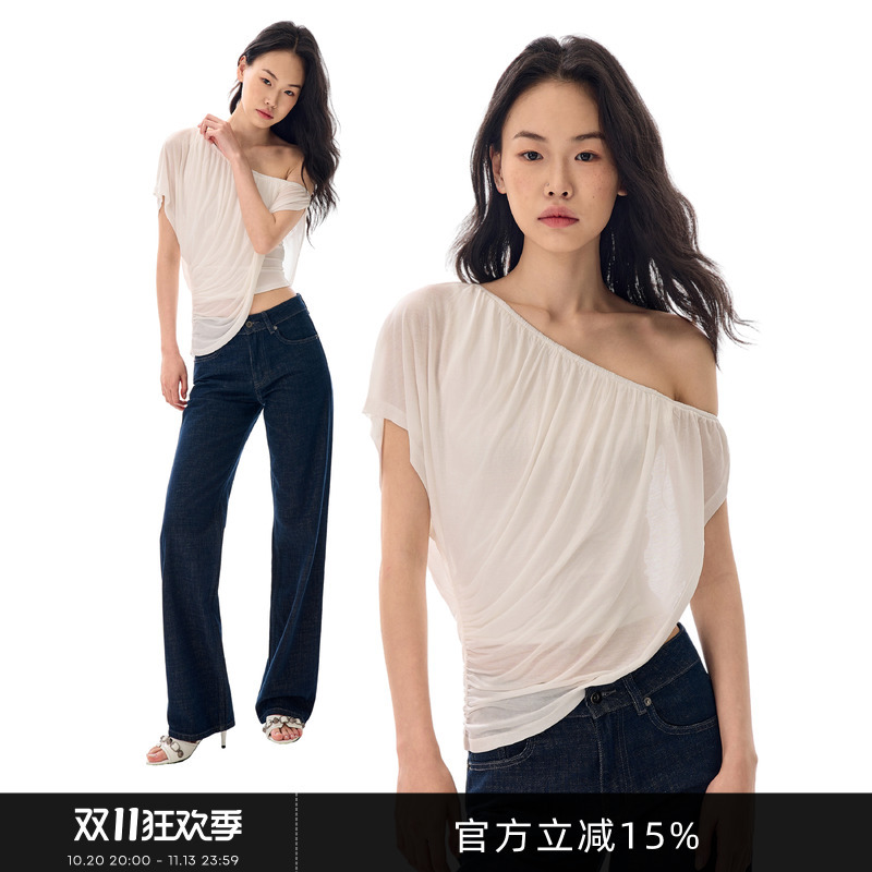 Gogo Burn Lyocell Top Women's Short-Sleeved Summer New Style Slim Fit Elegant Off-Shoulder Pure Desire Design Asymmetrical T-Shirt Gogo Burn Lyocell Top Women's Short-Sleeved Summer New Style Slim Fit Elegant Off-Shoulder Pure Desire Design Asymmetrical T-Shirt