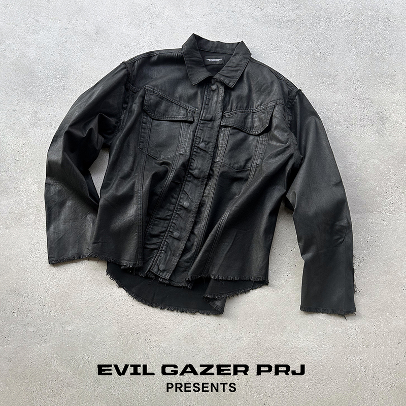 Evil Gazer Demon Waxing Craft Dark Ro Style Loose Fit Frayed Leather Long Sleeve Shirt