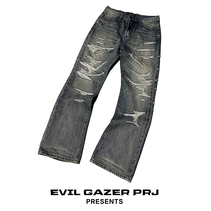 Evil Gazer "Knife Cutting the Dragon's Soul" Retro Vintage Flared Ripped Distressed Dyed Vintage-Style Denim Pants