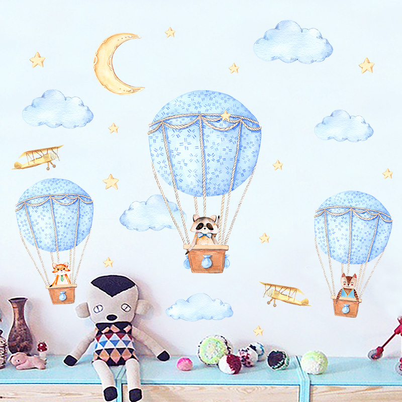 Nursery Wall Nordic Cartoon Animal Hot Air Balloon Children Room Decoration Wall Paper Stickup Bedroom Bedside Wall Stickers