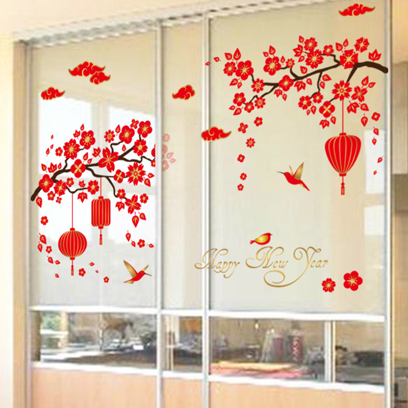 New Year's Eve Spring Festival Festive Wall Sticker Painting Window Glass Stickers to arrange New Year decorations Plum lantern stickers
