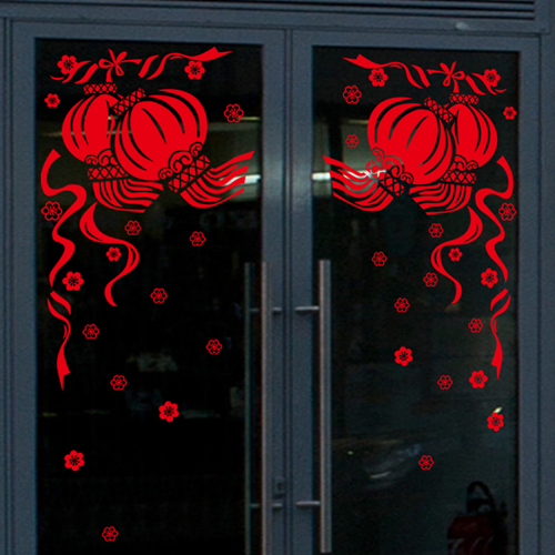 Festive Spring Festival Collage Shop Mall Glass Stickers Shop Windows Flowers Over the New Year Decorative Lights Cage Removable Wall Stickers